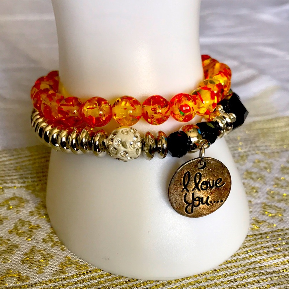 Yellow Sacral Amber Resin Chakra Beads Stretch & Silver/Black Stretch Bracelet